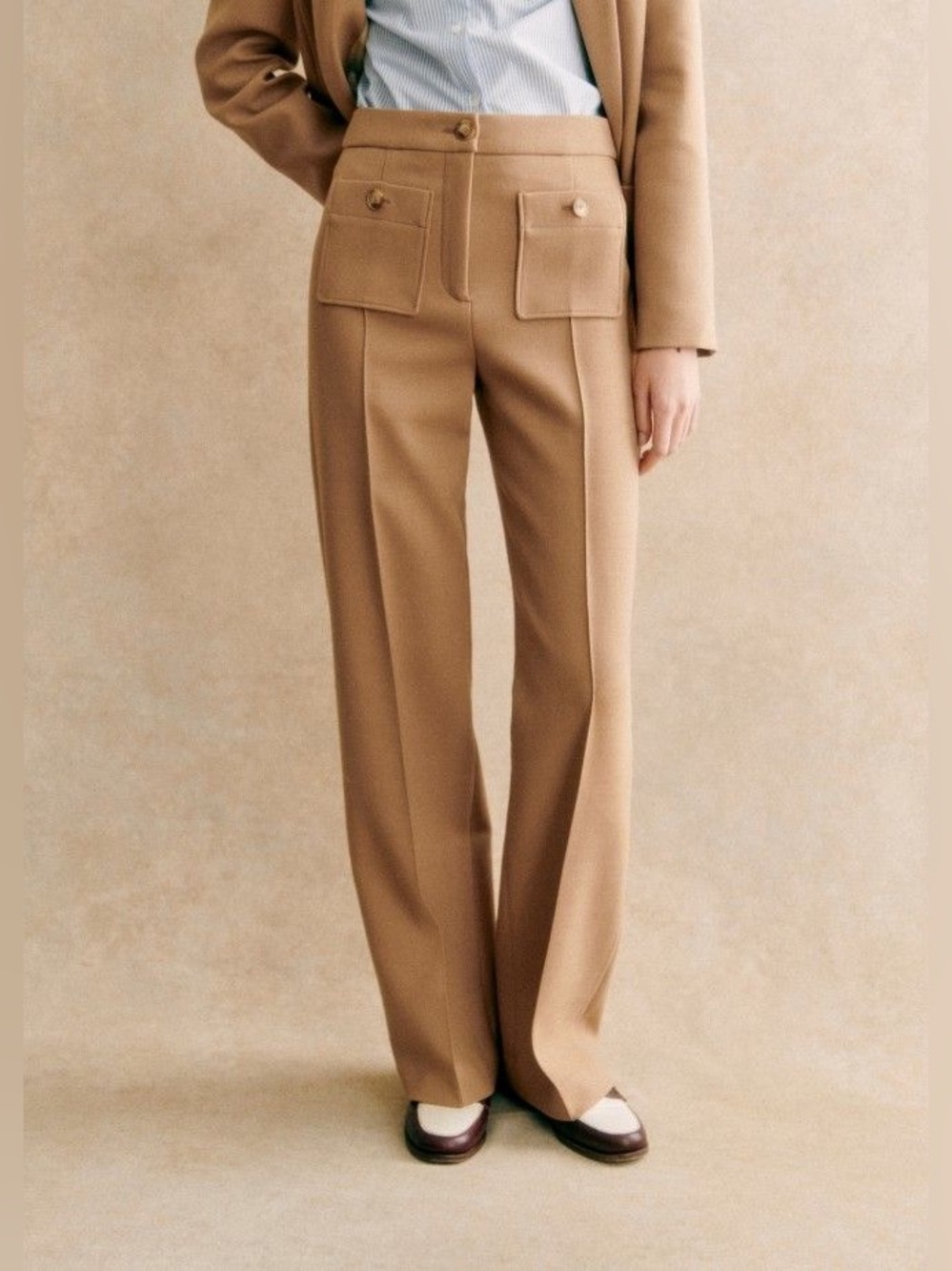 Sezane Dan Trouser camel tan brown wool blend patch pocket wide leg pant 2